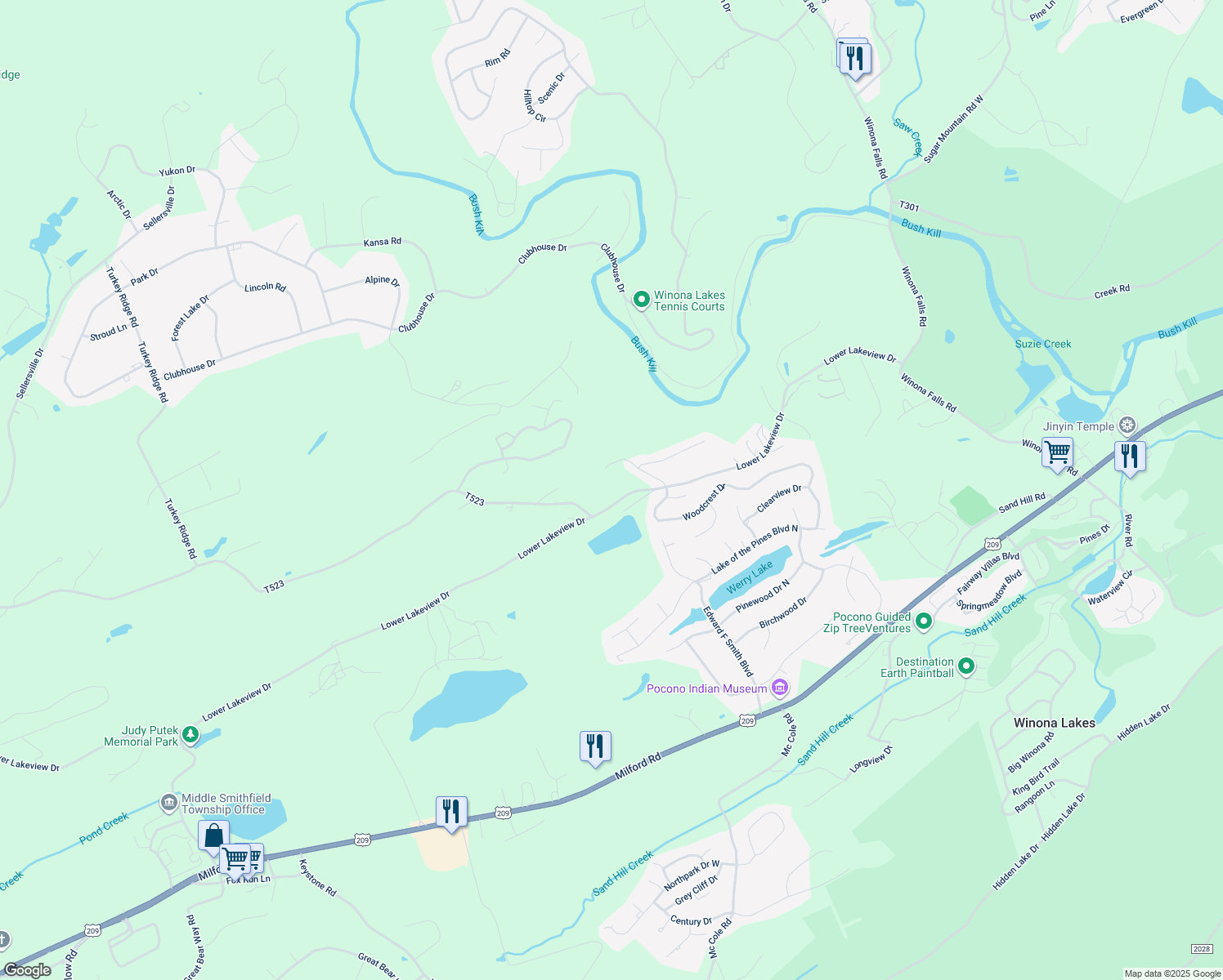map of restaurants, bars, coffee shops, grocery stores, and more near 297 Lower Lakeview Drive in East Stroudsburg