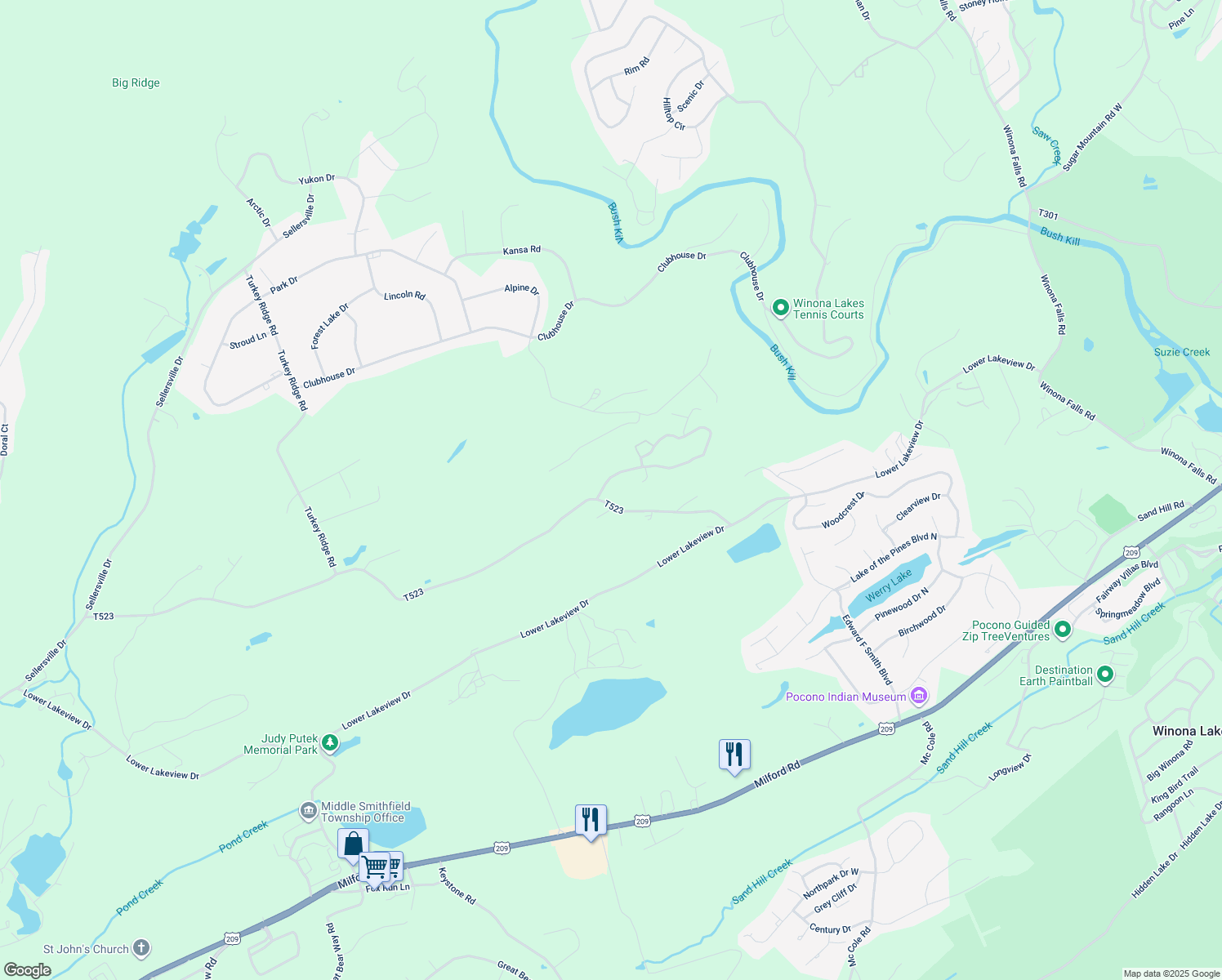 map of restaurants, bars, coffee shops, grocery stores, and more near 110 Kahkout Mountain in East Stroudsburg