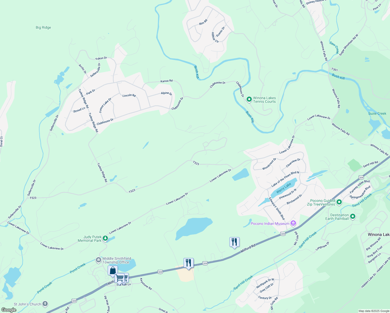 map of restaurants, bars, coffee shops, grocery stores, and more near 110 Kahkout Mountain in East Stroudsburg
