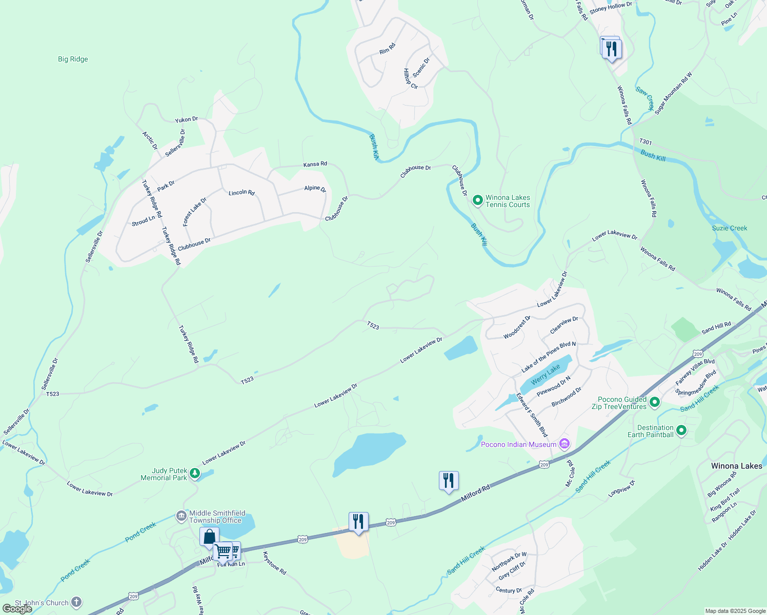 map of restaurants, bars, coffee shops, grocery stores, and more near 122 Kahkout Mountain in East Stroudsburg