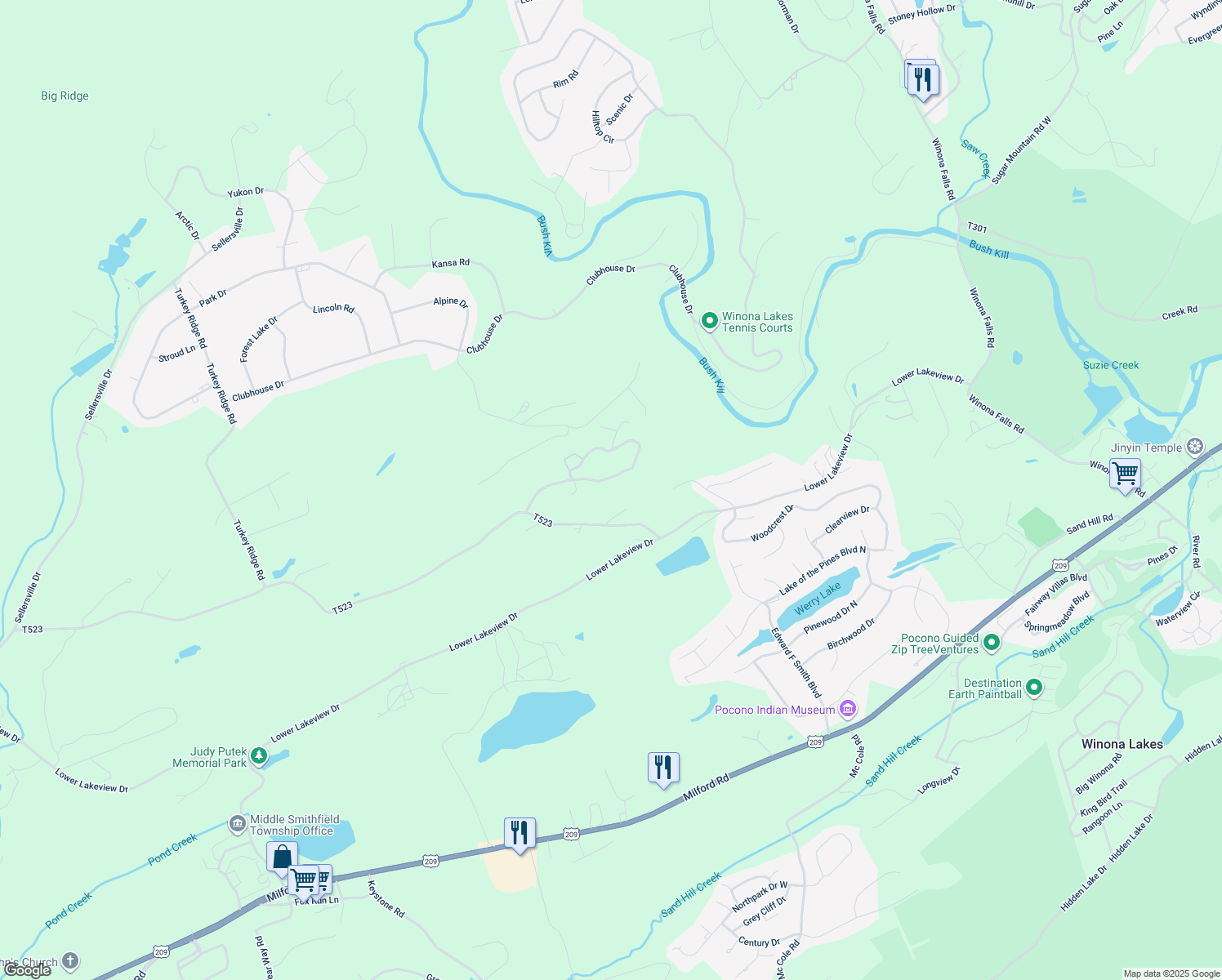 map of restaurants, bars, coffee shops, grocery stores, and more near Mountain Road in East Stroudsburg