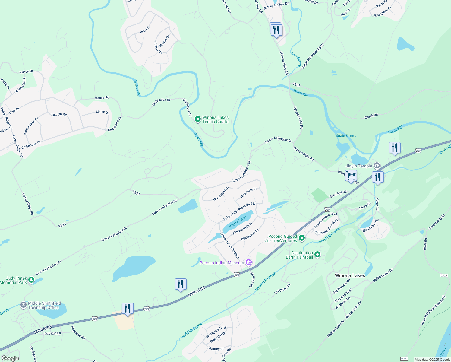 map of restaurants, bars, coffee shops, grocery stores, and more near 341 Lower Lakeview Drive in East Stroudsburg