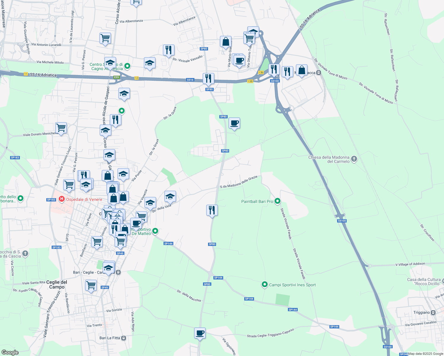 map of restaurants, bars, coffee shops, grocery stores, and more near 291 Via Giuseppe Fanelli in Bari