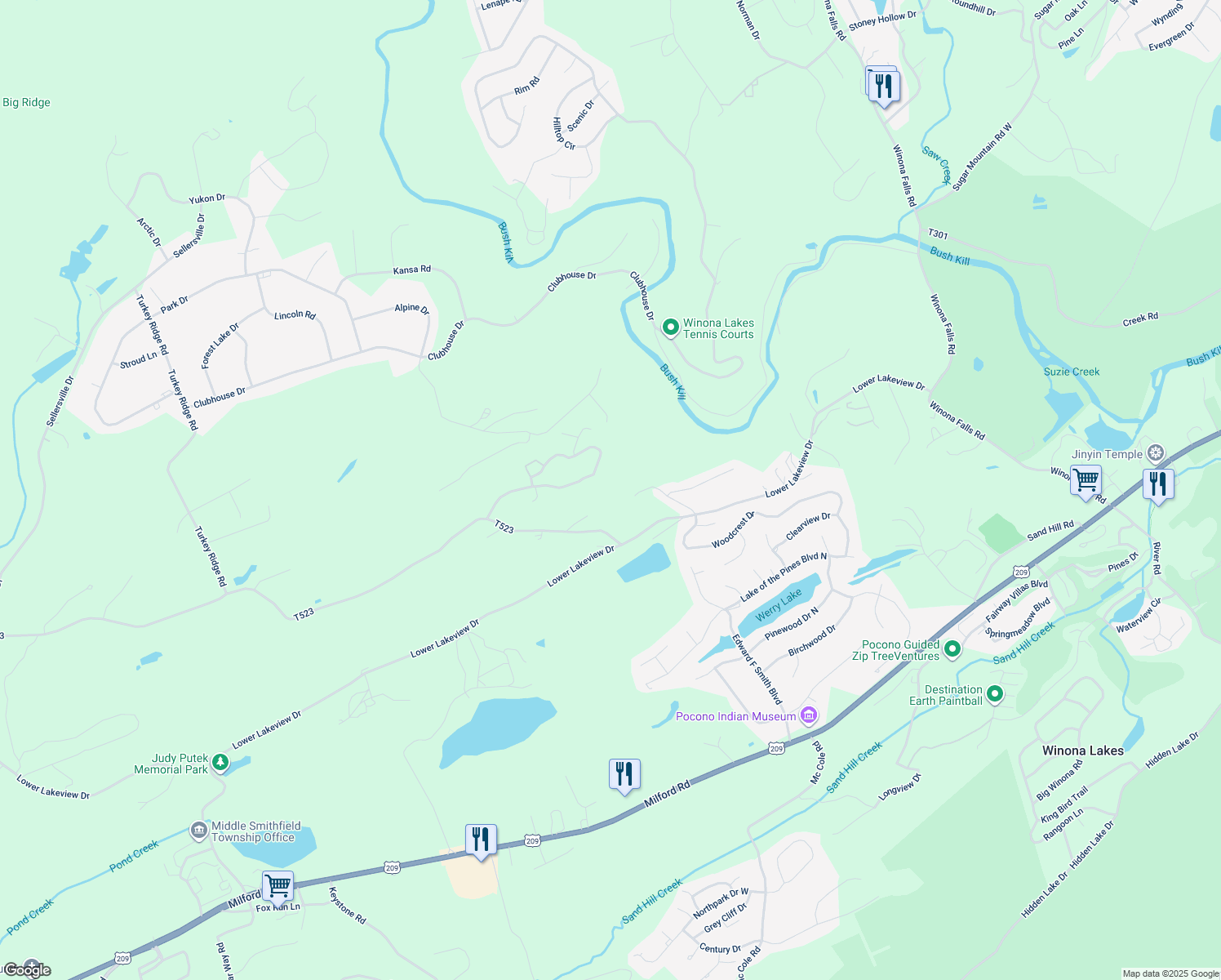 map of restaurants, bars, coffee shops, grocery stores, and more near 172 Kahkout Mountain in East Stroudsburg