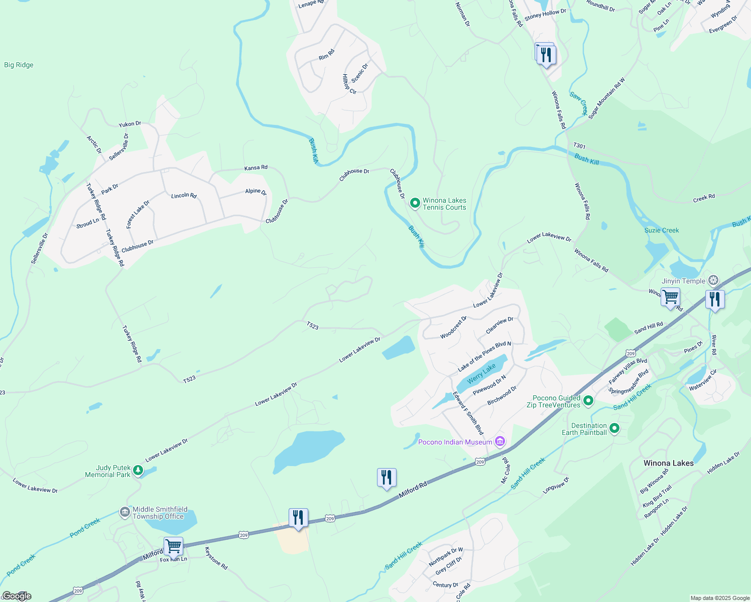 map of restaurants, bars, coffee shops, grocery stores, and more near 172 Kahkout Mountain in East Stroudsburg