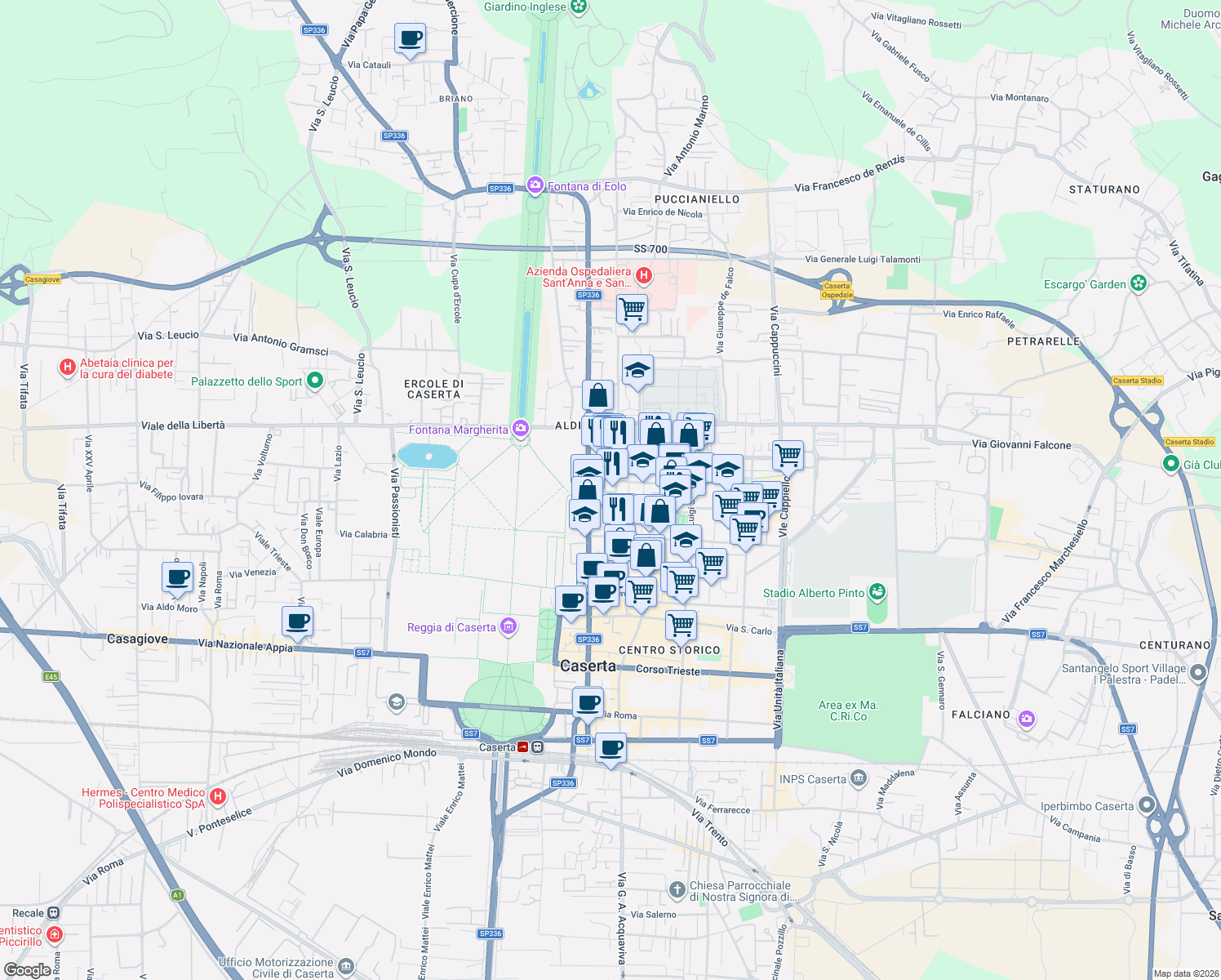 map of restaurants, bars, coffee shops, grocery stores, and more near 58 Via Sant'Antonio da Padova in Caserta