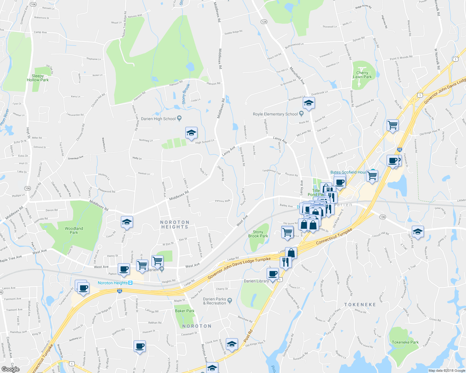 map of restaurants, bars, coffee shops, grocery stores, and more near 11 Old Parish Road in Darien