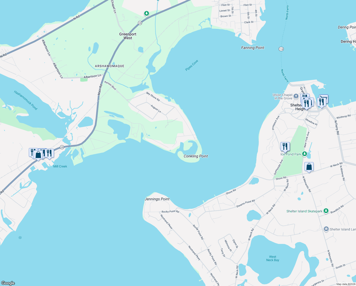 map of restaurants, bars, coffee shops, grocery stores, and more near 1235 Island View Ln in Greenport