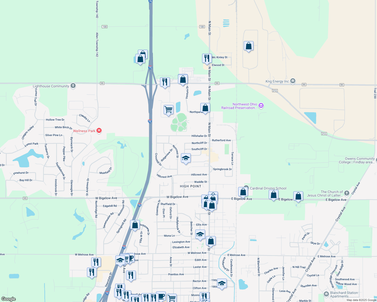 map of restaurants, bars, coffee shops, grocery stores, and more near 211 Southcliff Dr in Findlay