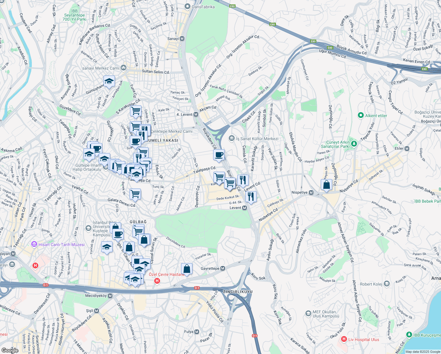 map of restaurants, bars, coffee shops, grocery stores, and more near Yüzbaşı Kaya Aldogan Sokak in İstanbul