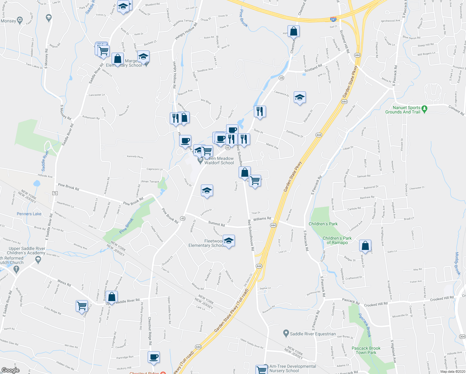 map of restaurants, bars, coffee shops, grocery stores, and more near 10 Garrett Court in Spring Valley