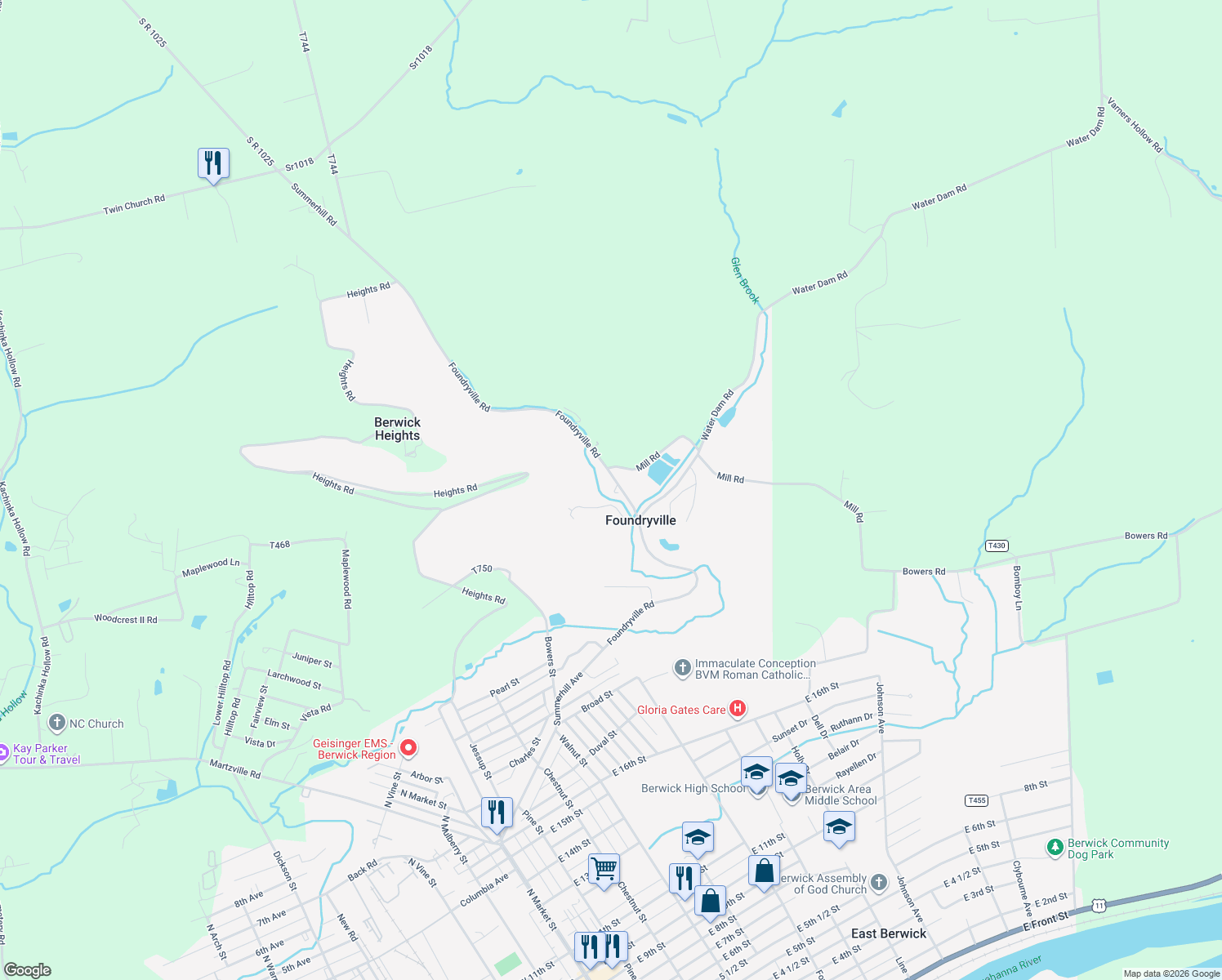 map of restaurants, bars, coffee shops, grocery stores, and more near 139 Foundryville Rd in Berwick