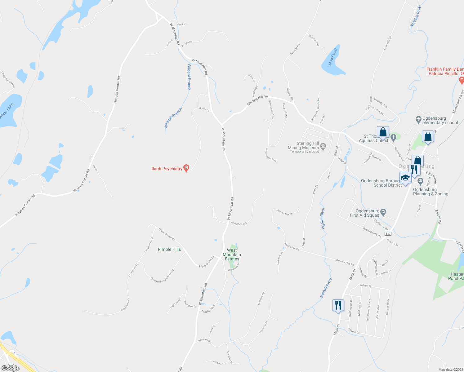 map of restaurants, bars, coffee shops, grocery stores, and more near West Mountain Road in Sparta Township