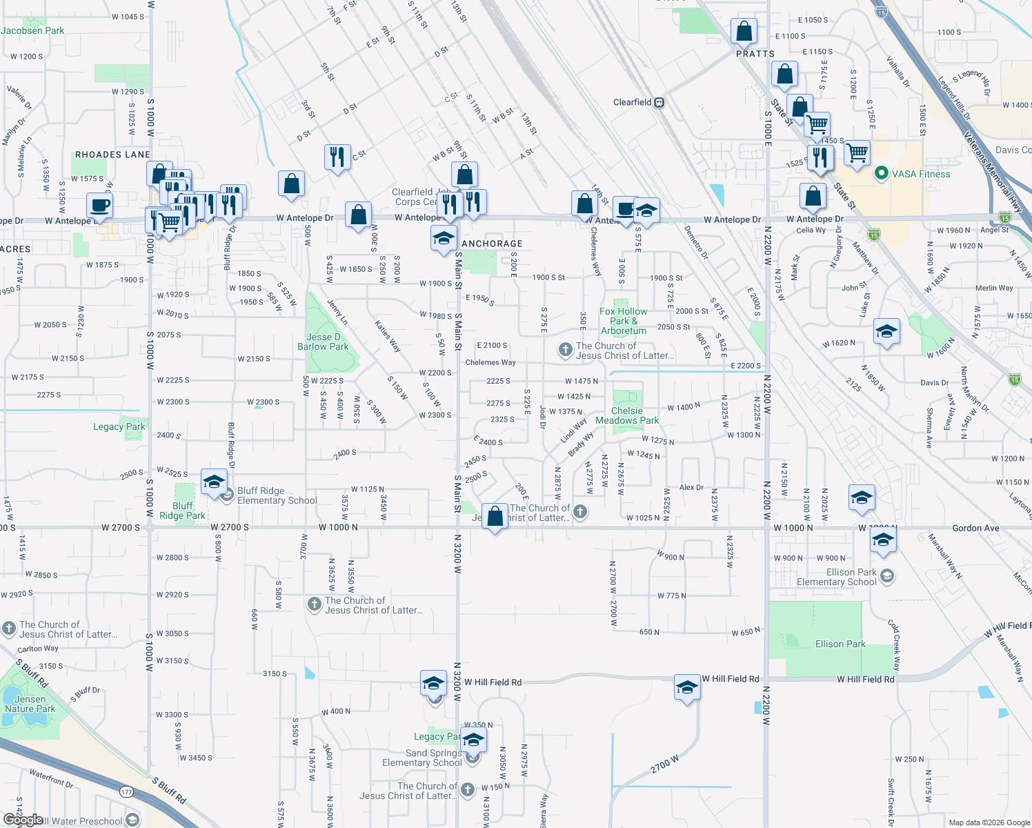 map of restaurants, bars, coffee shops, grocery stores, and more near 195 2325 South in Clearfield