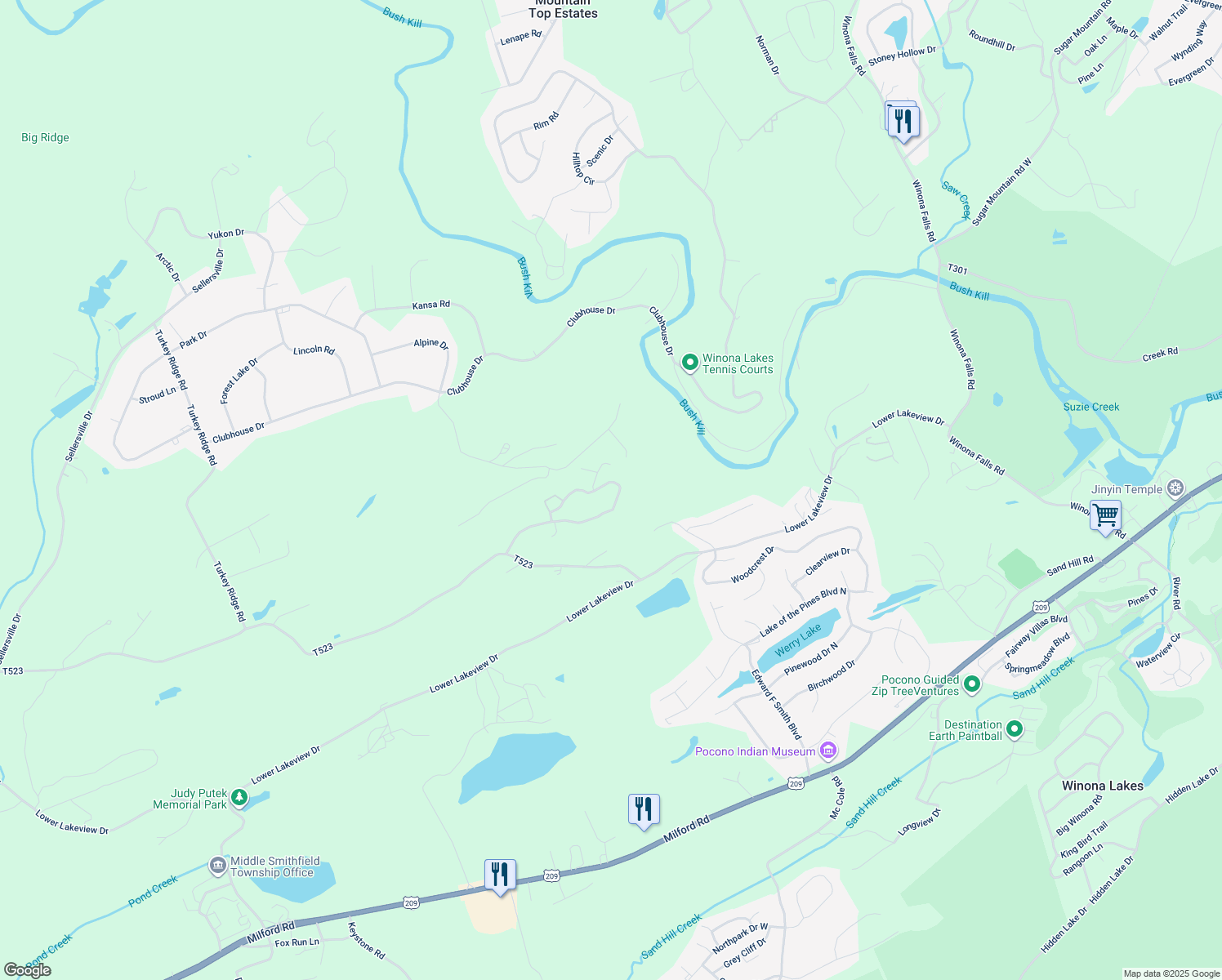 map of restaurants, bars, coffee shops, grocery stores, and more near 193 Kahkout Mountain in East Stroudsburg