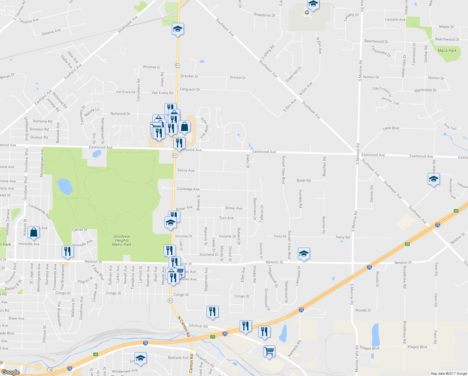 map of restaurants, bars, coffee shops, grocery stores, and more near 2353 Cooledge Avenue in Akron