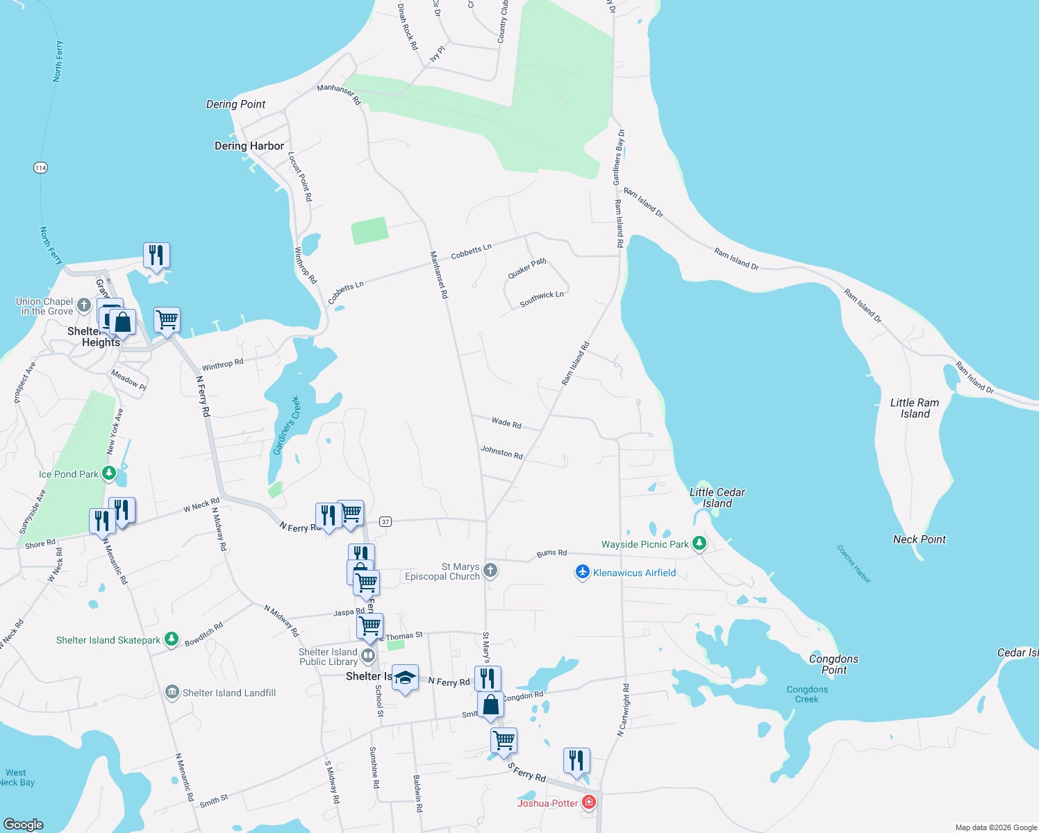 map of restaurants, bars, coffee shops, grocery stores, and more near 13 Wade Road in Shelter Island