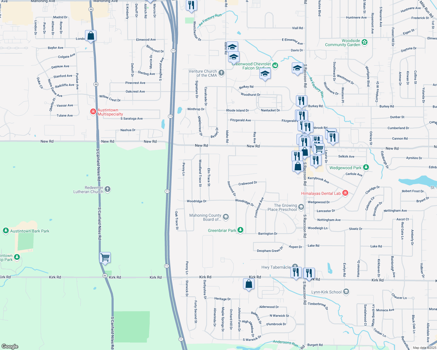 map of restaurants, bars, coffee shops, grocery stores, and more near 4767 Pine Trace in Austintown