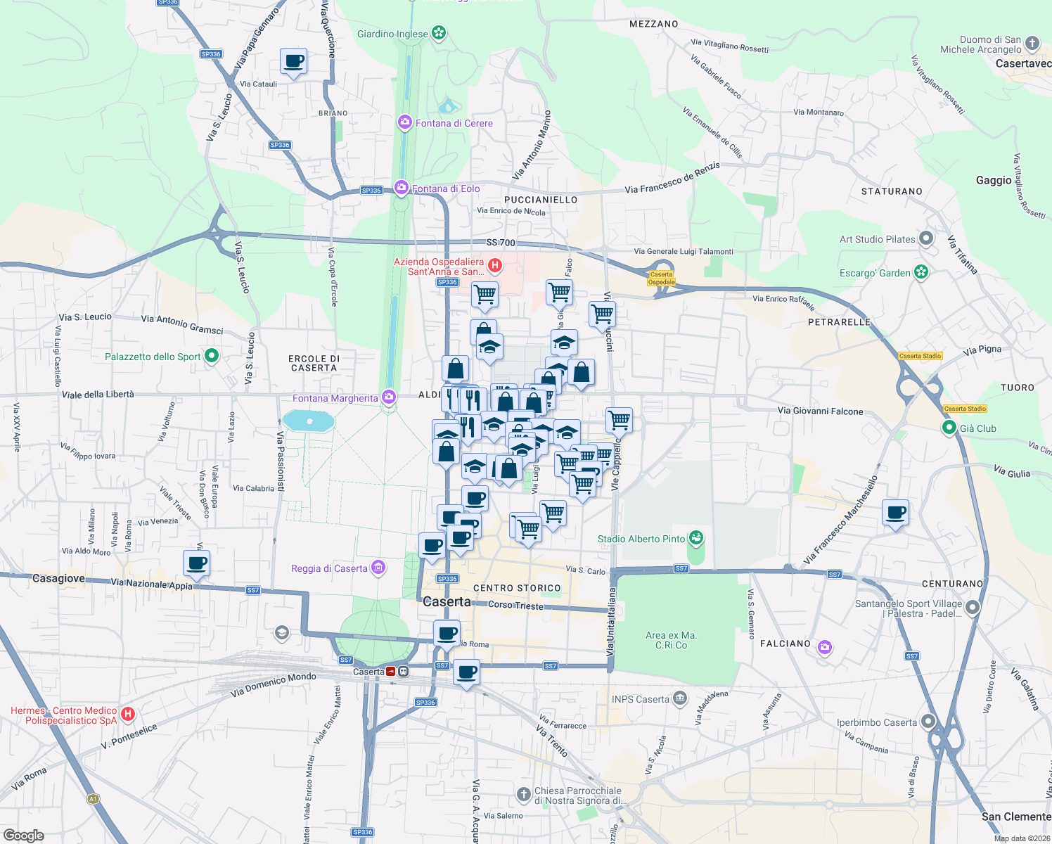 map of restaurants, bars, coffee shops, grocery stores, and more near 106 Via Giuseppe Maria Bosco in Caserta