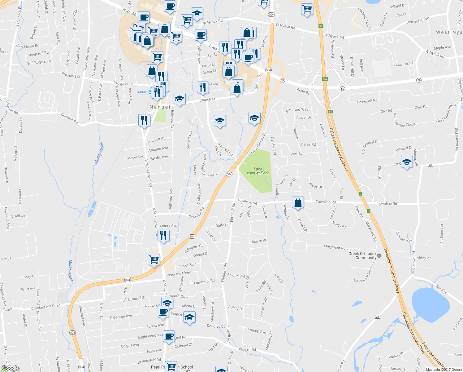 map of restaurants, bars, coffee shops, grocery stores, and more near 139 Blauvelt Road in Pearl River