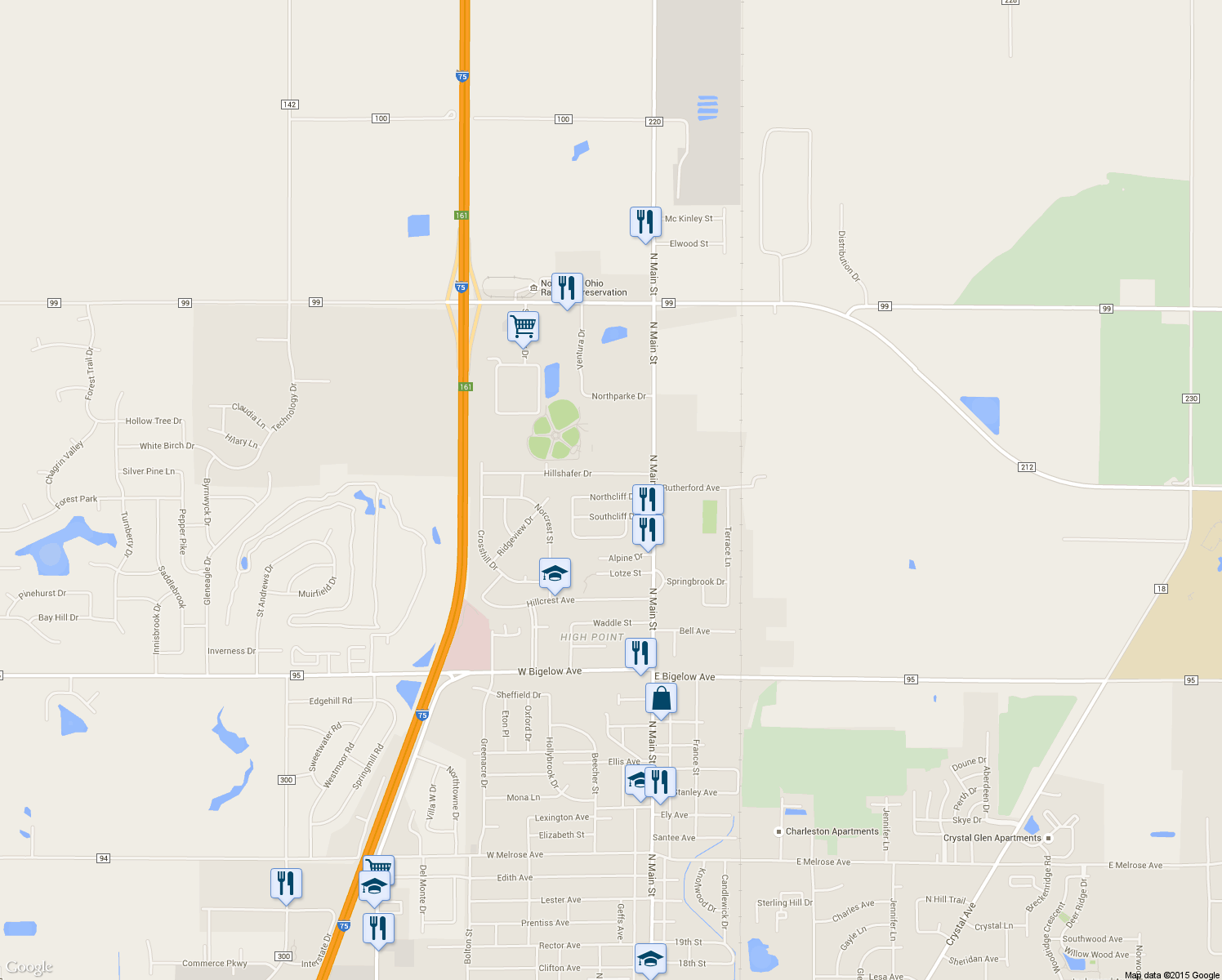 map of restaurants, bars, coffee shops, grocery stores, and more near 144 Northcliff Drive in Findlay