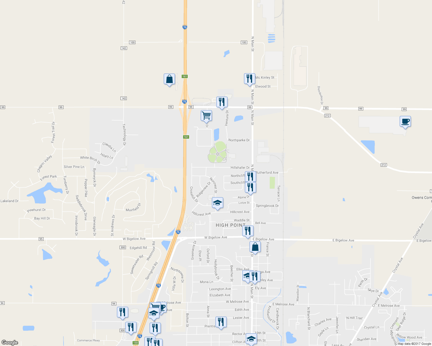 map of restaurants, bars, coffee shops, grocery stores, and more near 3338 Ridgeview Drive in Findlay