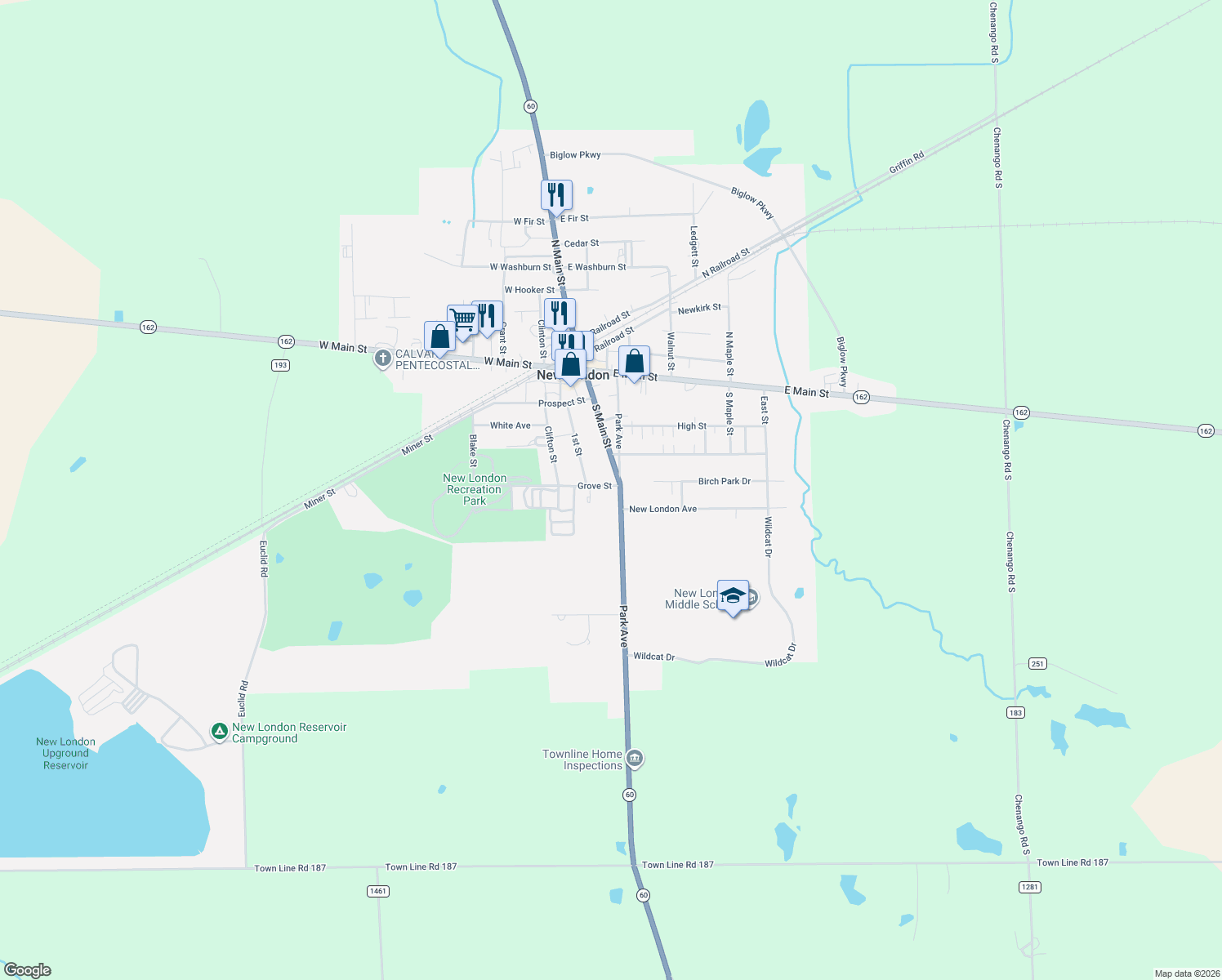 map of restaurants, bars, coffee shops, grocery stores, and more near 100 Park Ave in New London