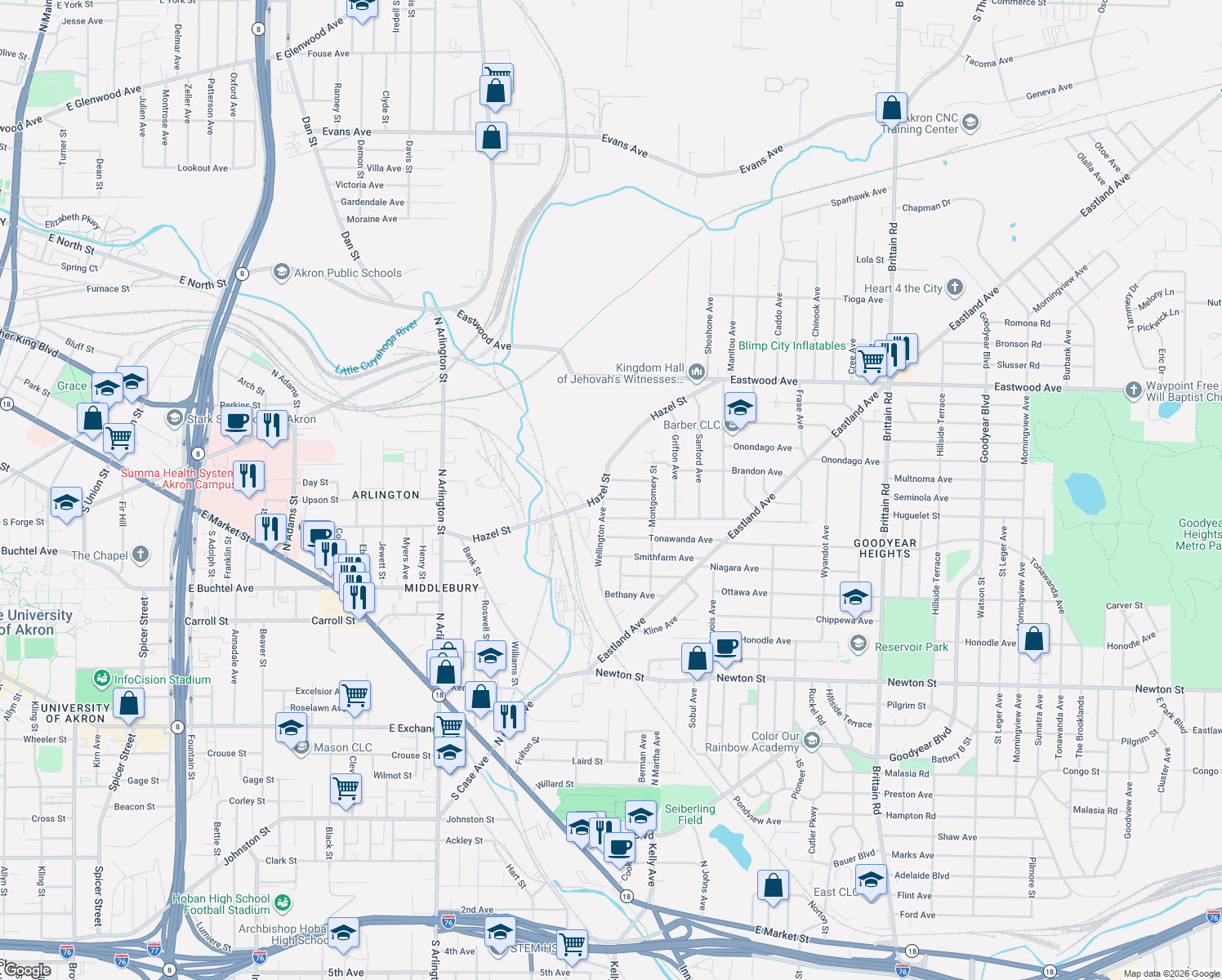 map of restaurants, bars, coffee shops, grocery stores, and more near 1080 Hazel Street in Akron