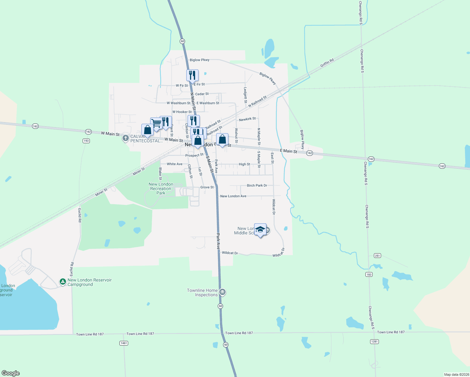 map of restaurants, bars, coffee shops, grocery stores, and more near 66 Birch Park Dr in New London