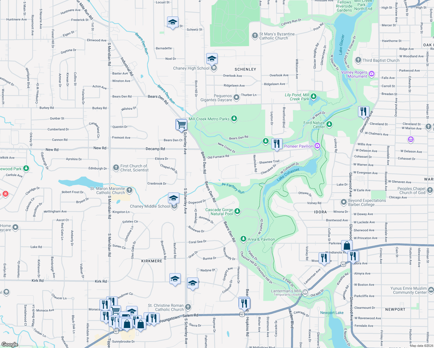 map of restaurants, bars, coffee shops, grocery stores, and more near 2376 Shawnee Trail in Youngstown