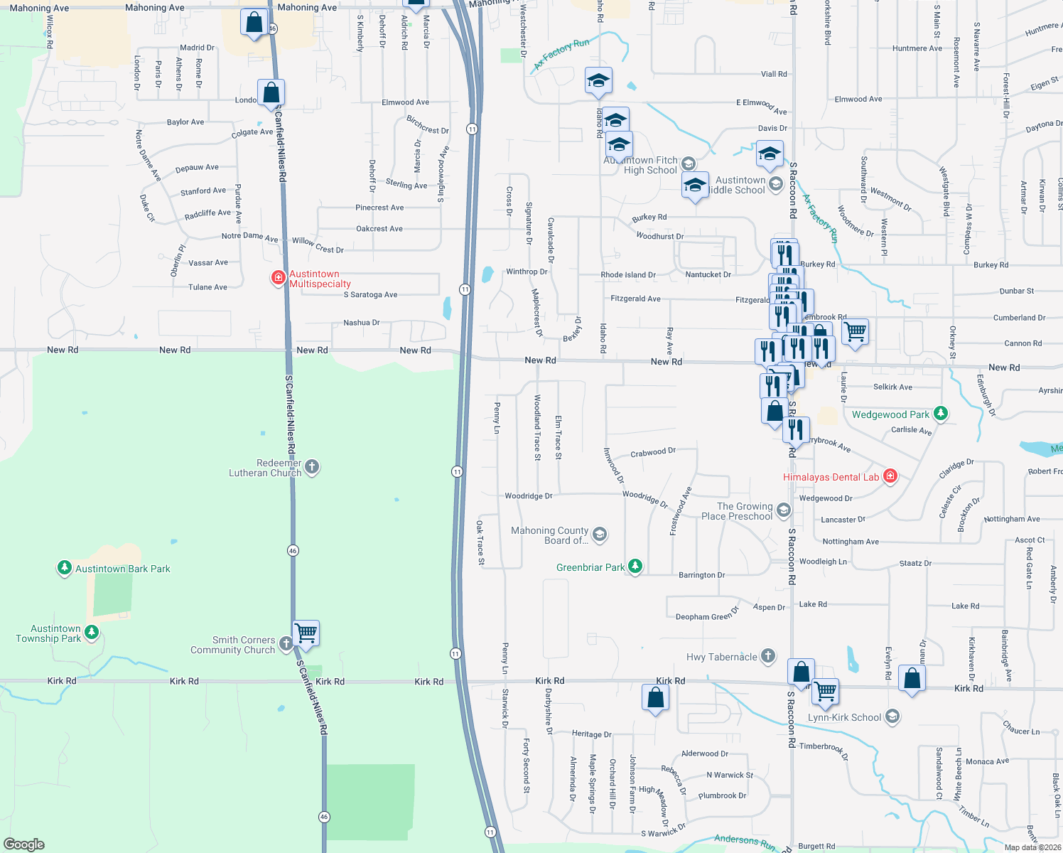 map of restaurants, bars, coffee shops, grocery stores, and more near 1966 Woodland Trce in Youngstown