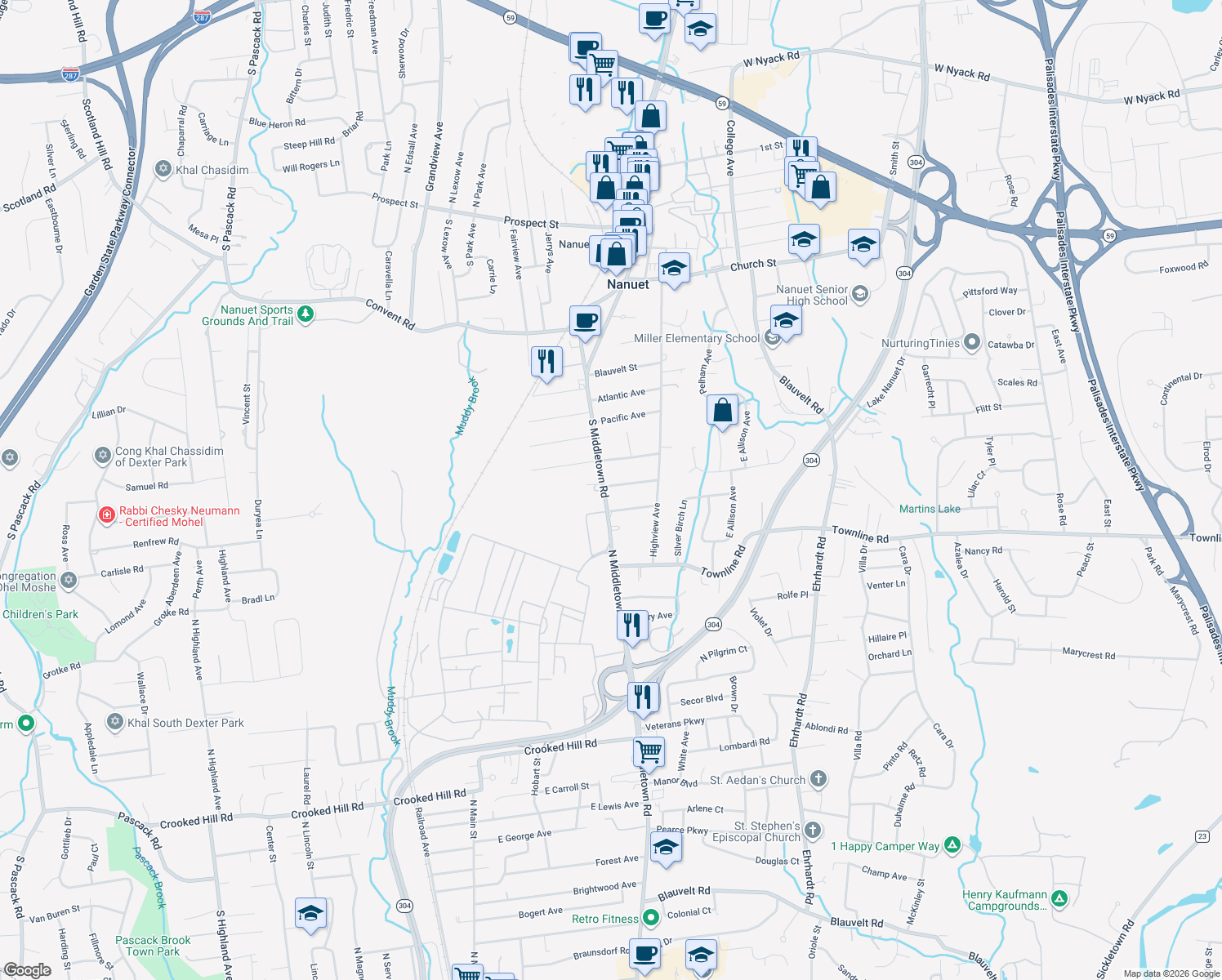 map of restaurants, bars, coffee shops, grocery stores, and more near 356 S Middletown Rd in Nanuet