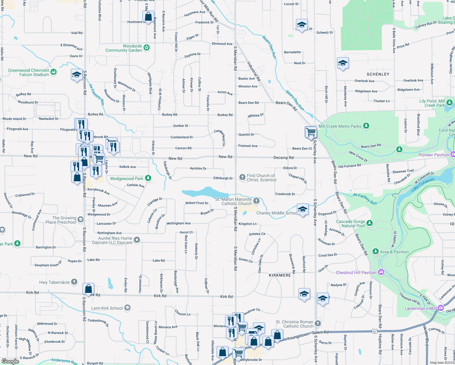map of restaurants, bars, coffee shops, grocery stores, and more near 3688 Ayrshire Dr in Youngstown