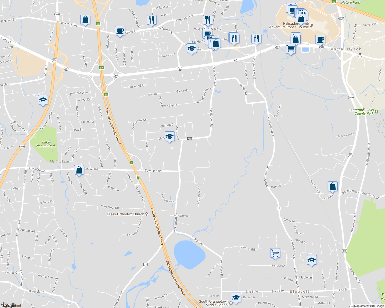 map of restaurants, bars, coffee shops, grocery stores, and more near 10 Woodward Road in West Nyack
