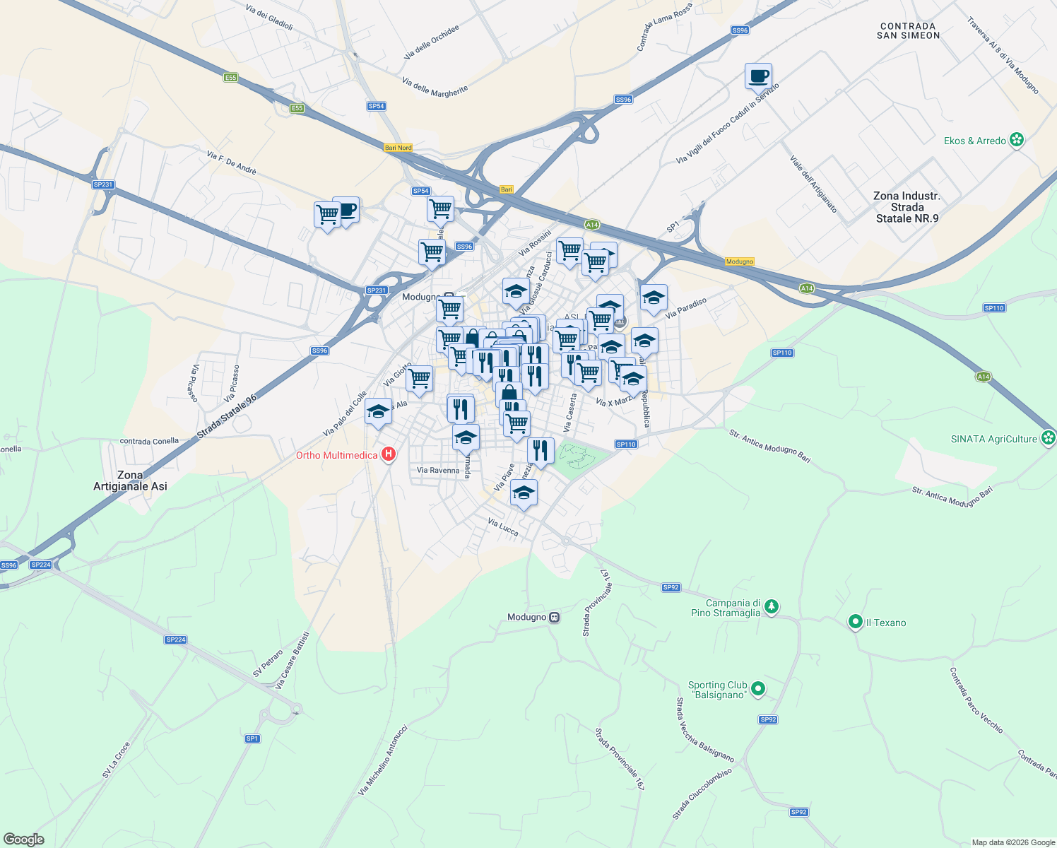 map of restaurants, bars, coffee shops, grocery stores, and more near 1A Via Giovanni Verga in Modugno