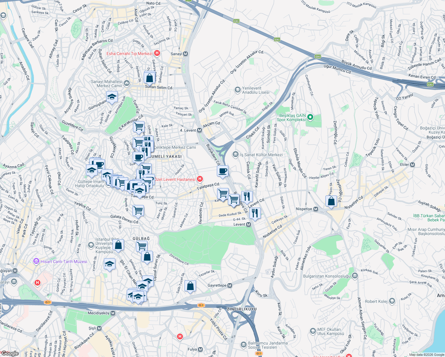 map of restaurants, bars, coffee shops, grocery stores, and more near 199 Levent Caddesi in Beşiktaş