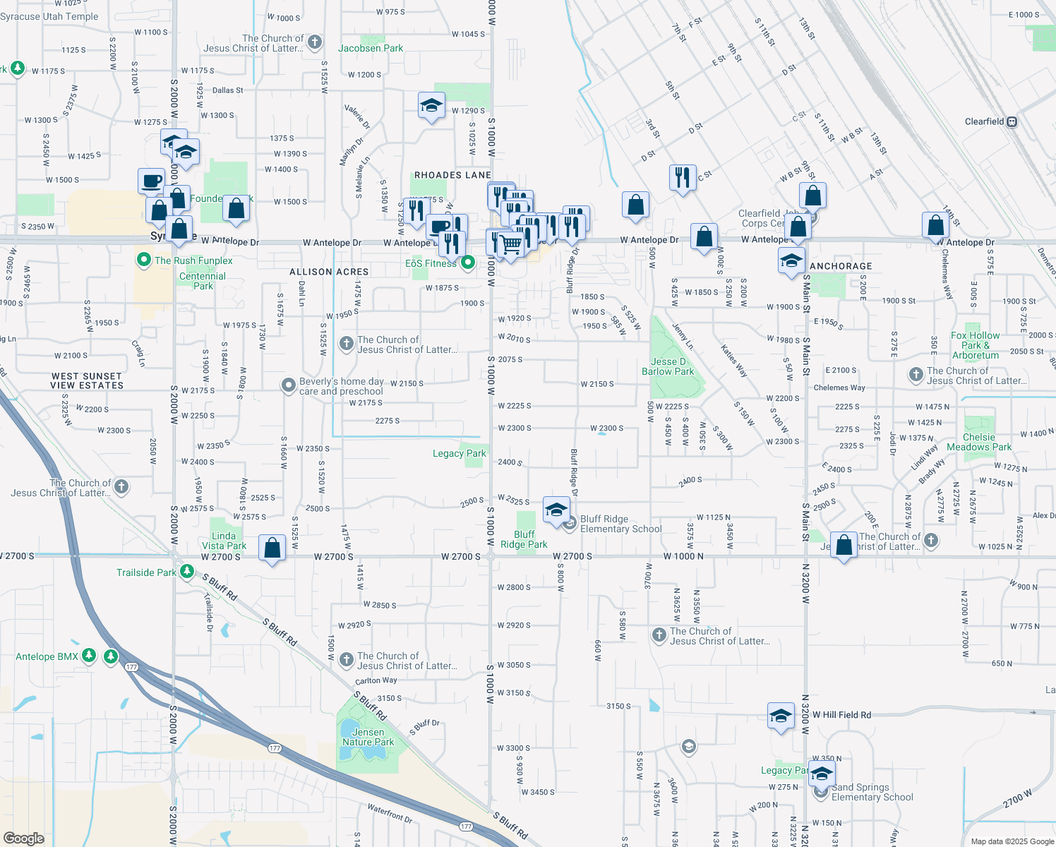 map of restaurants, bars, coffee shops, grocery stores, and more near 904 West 2300 South in Syracuse
