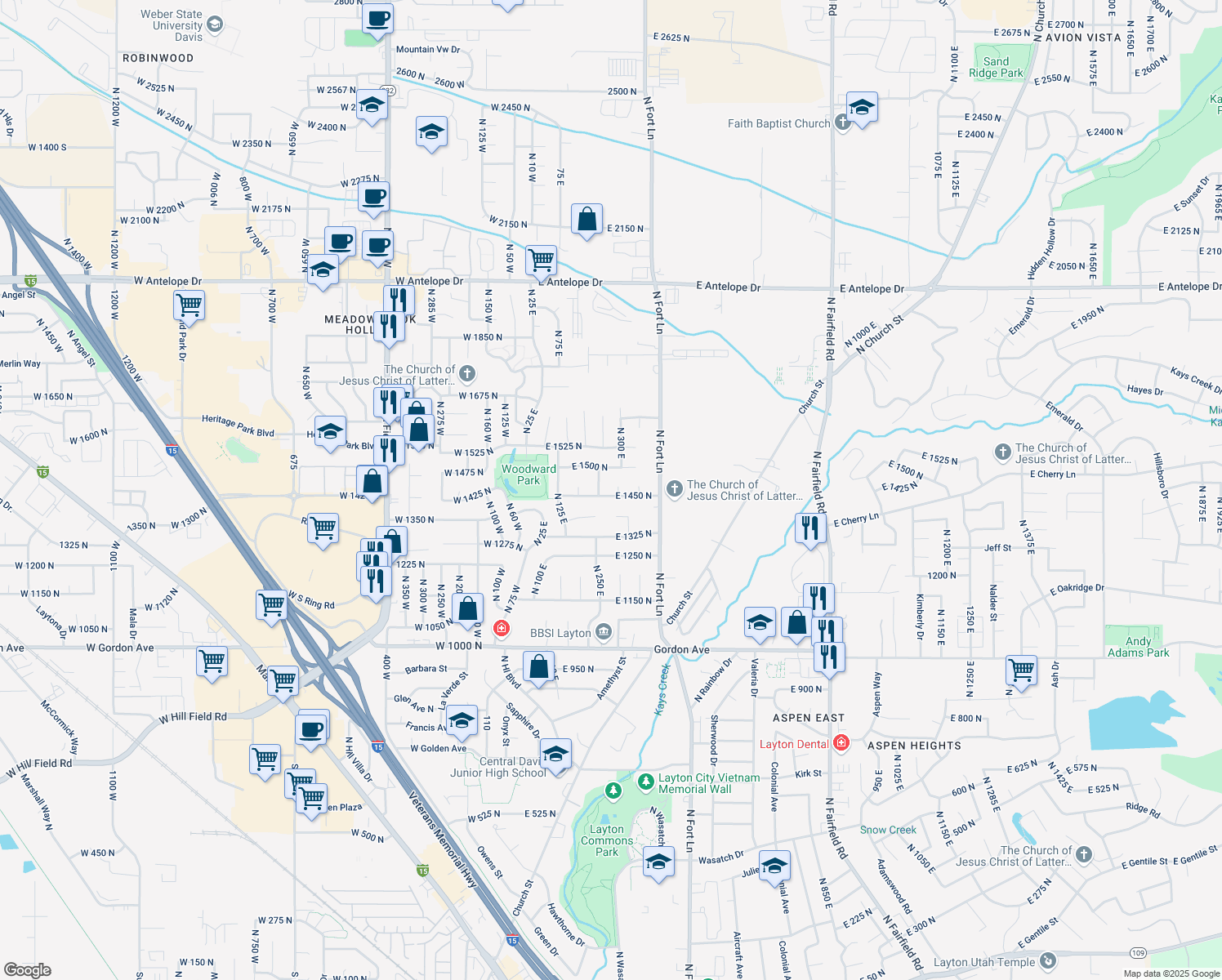map of restaurants, bars, coffee shops, grocery stores, and more near 1459 North 285 East in Layton