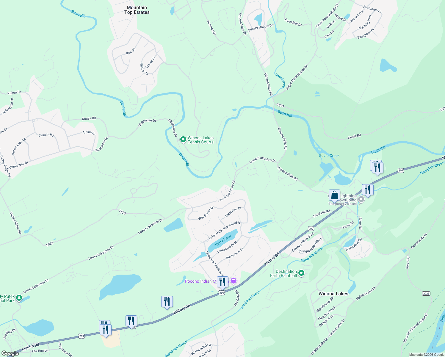 map of restaurants, bars, coffee shops, grocery stores, and more near 600 Lower Lakeview Dr in East Stroudsburg