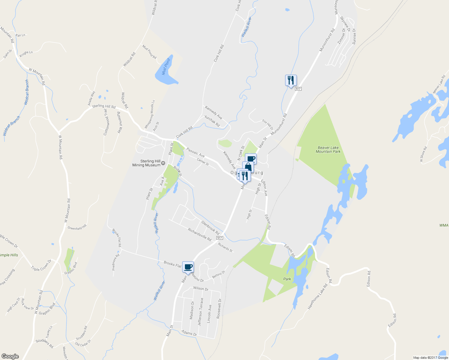 map of restaurants, bars, coffee shops, grocery stores, and more near 42 Center St in Ogdensburg