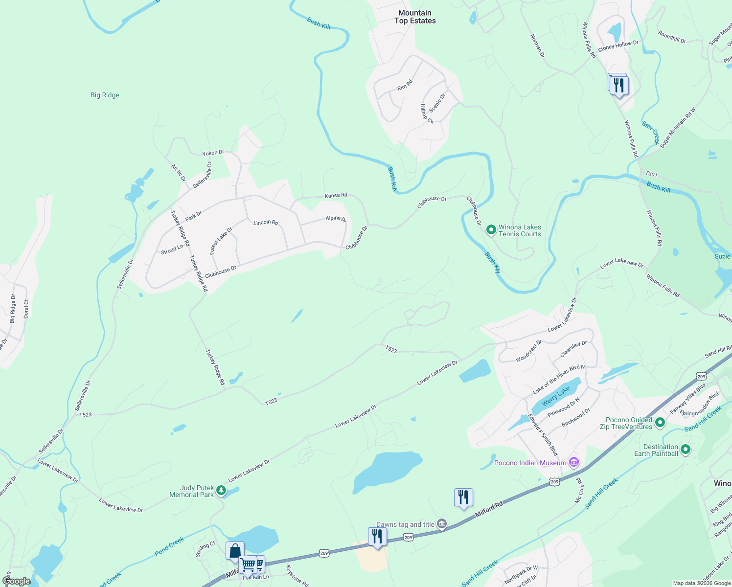 map of restaurants, bars, coffee shops, grocery stores, and more near 314 Winona Lks in East Stroudsburg