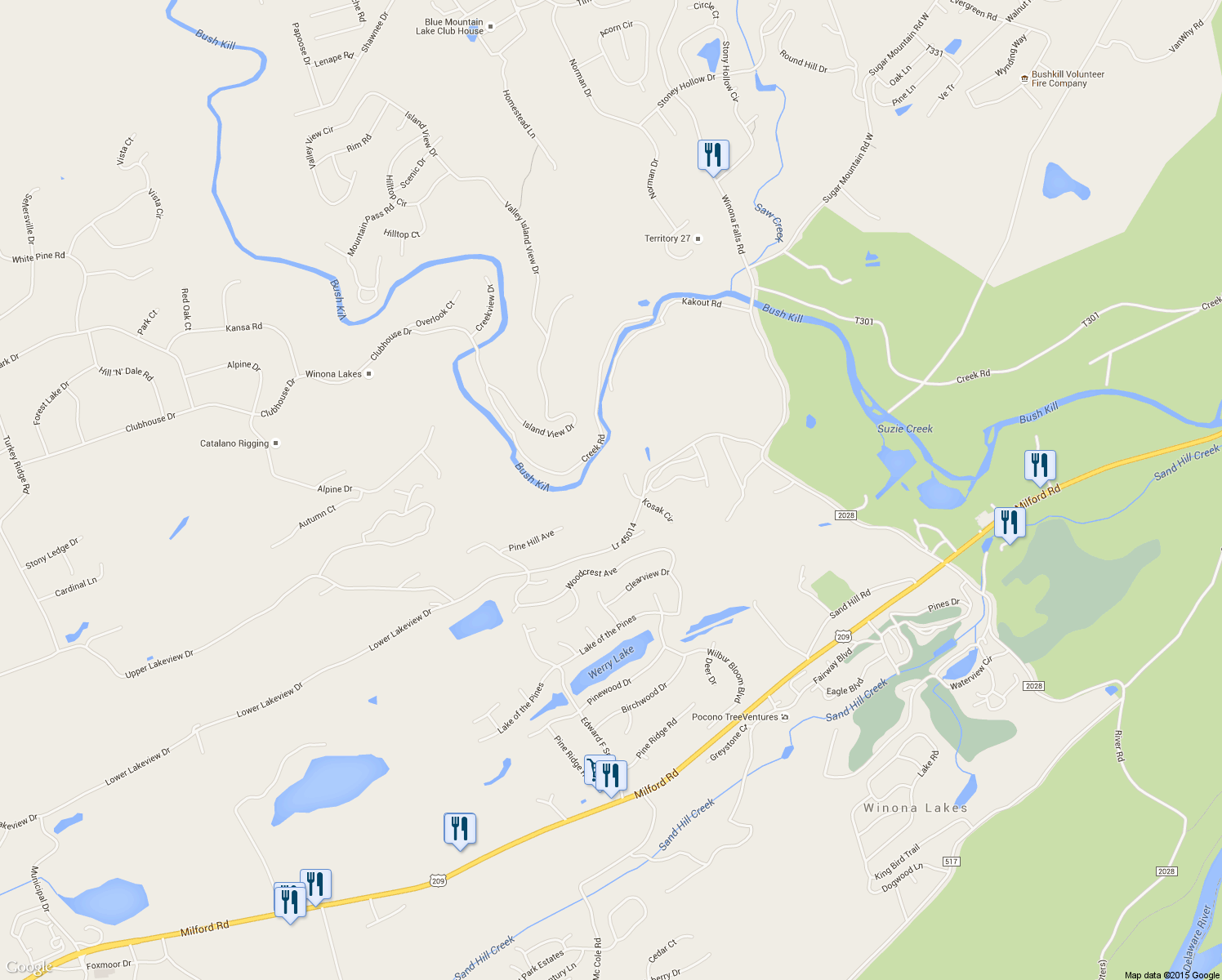 map of restaurants, bars, coffee shops, grocery stores, and more near 600 Lower Lakeview Drive in East Stroudsburg
