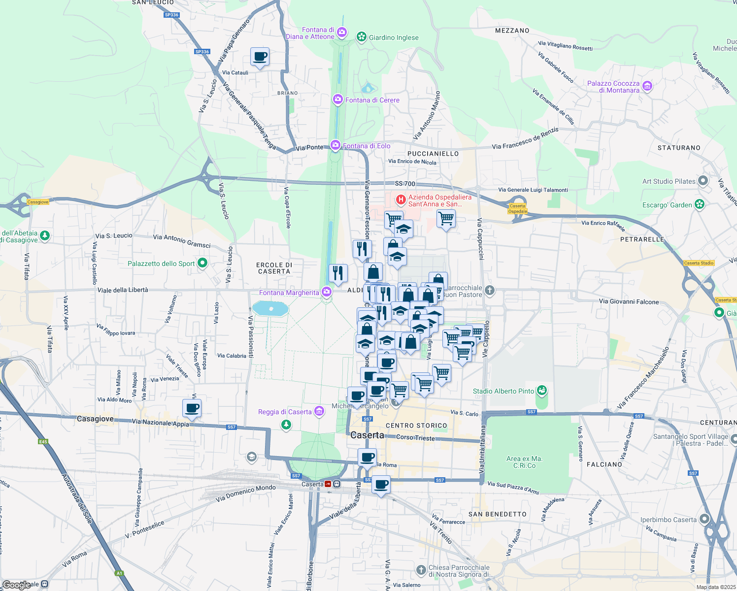 map of restaurants, bars, coffee shops, grocery stores, and more near 198 Corso Pietro Giannone in Caserta