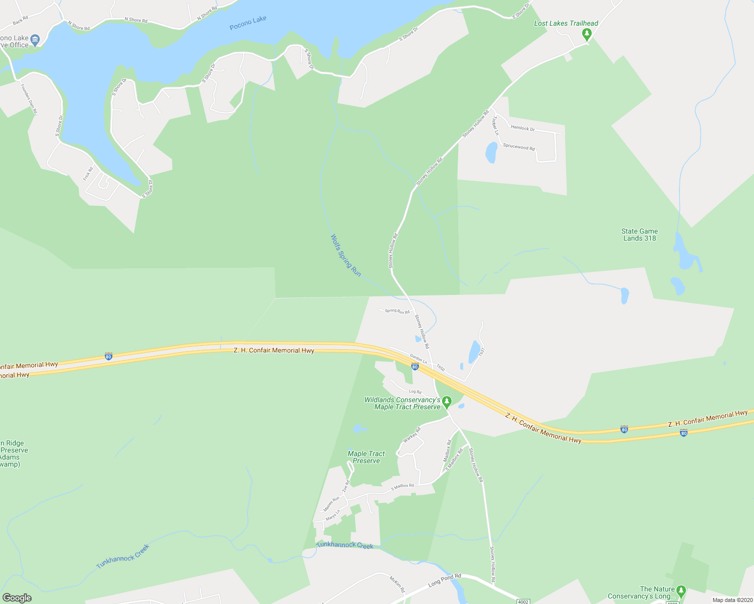 map of restaurants, bars, coffee shops, grocery stores, and more near 124 Spring Run Road in Monroe County