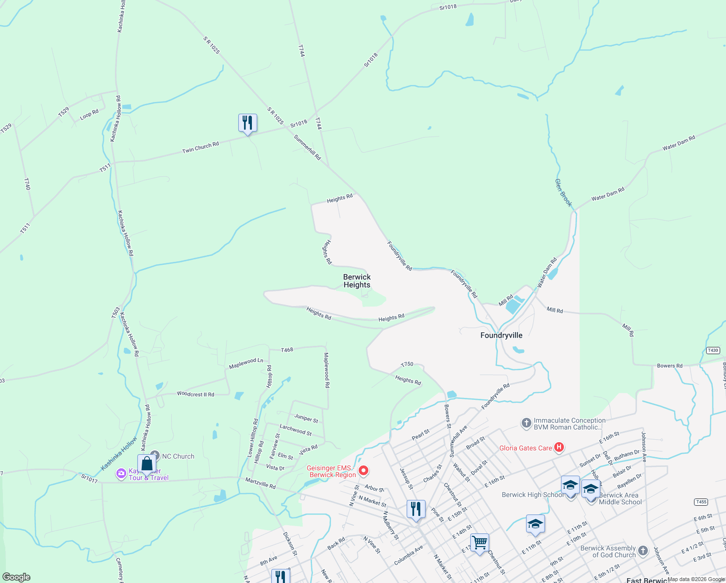 map of restaurants, bars, coffee shops, grocery stores, and more near 2566 Heights Rd in Berwick