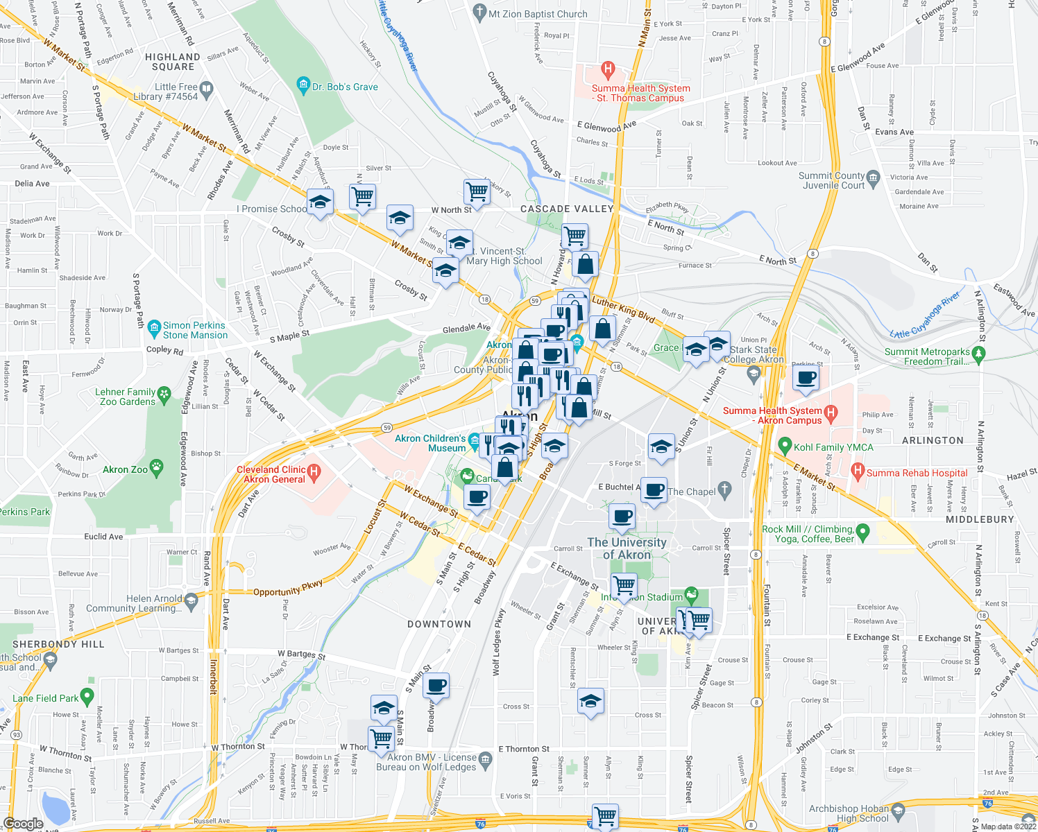 map of restaurants, bars, coffee shops, grocery stores, and more near in Akron