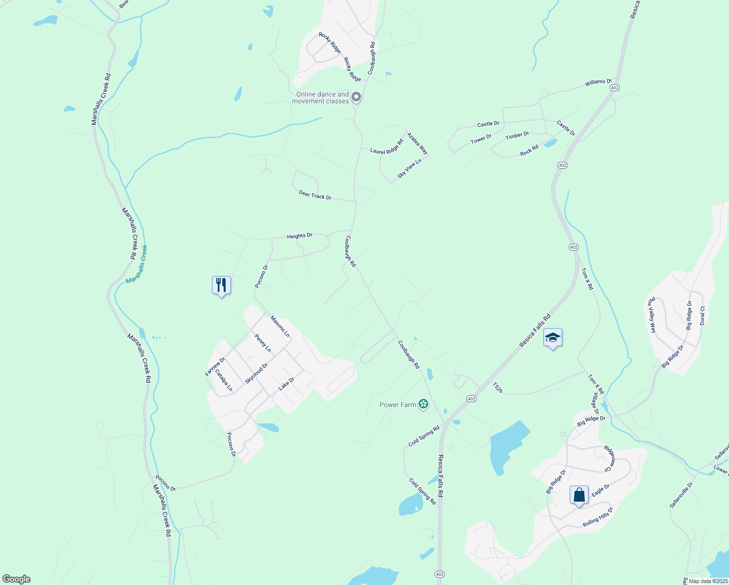 map of restaurants, bars, coffee shops, grocery stores, and more near 257 Coolbaugh Road in East Stroudsburg