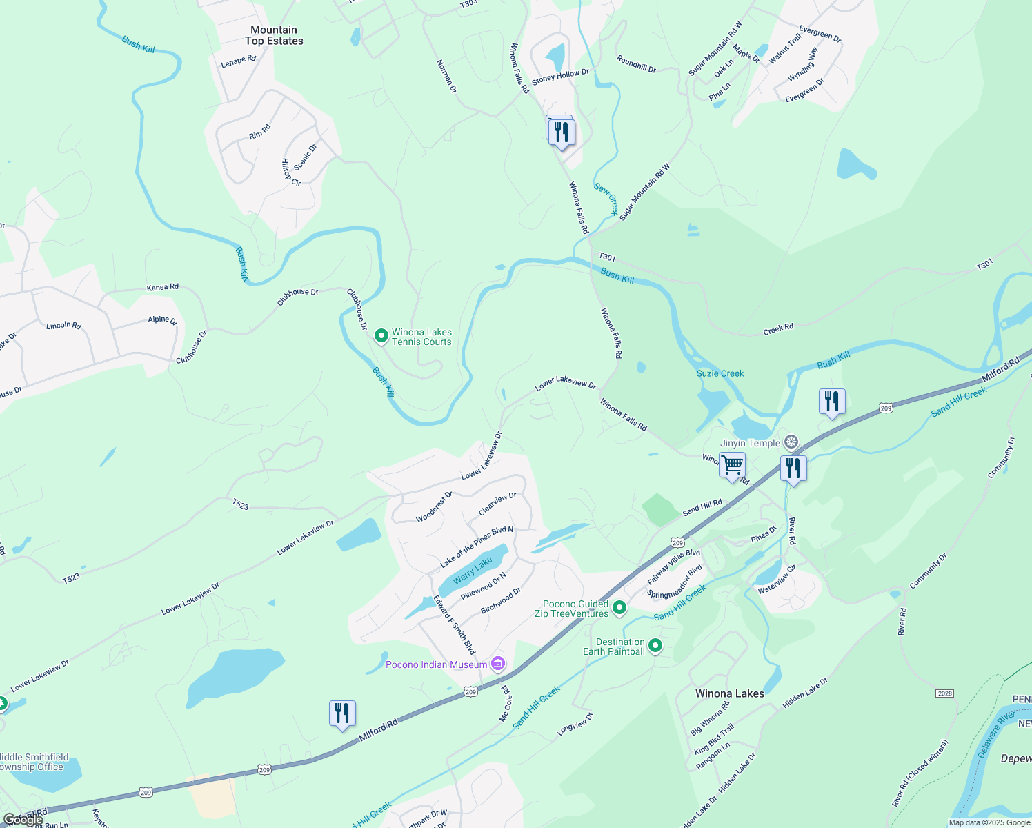 map of restaurants, bars, coffee shops, grocery stores, and more near 508 Lower Lakeview Drive in East Stroudsburg