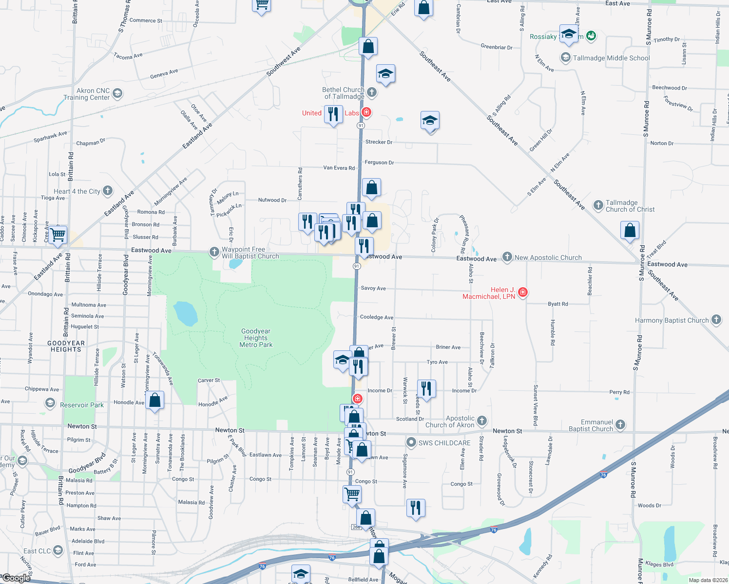 map of restaurants, bars, coffee shops, grocery stores, and more near 2146 Savoy Avenue in Akron