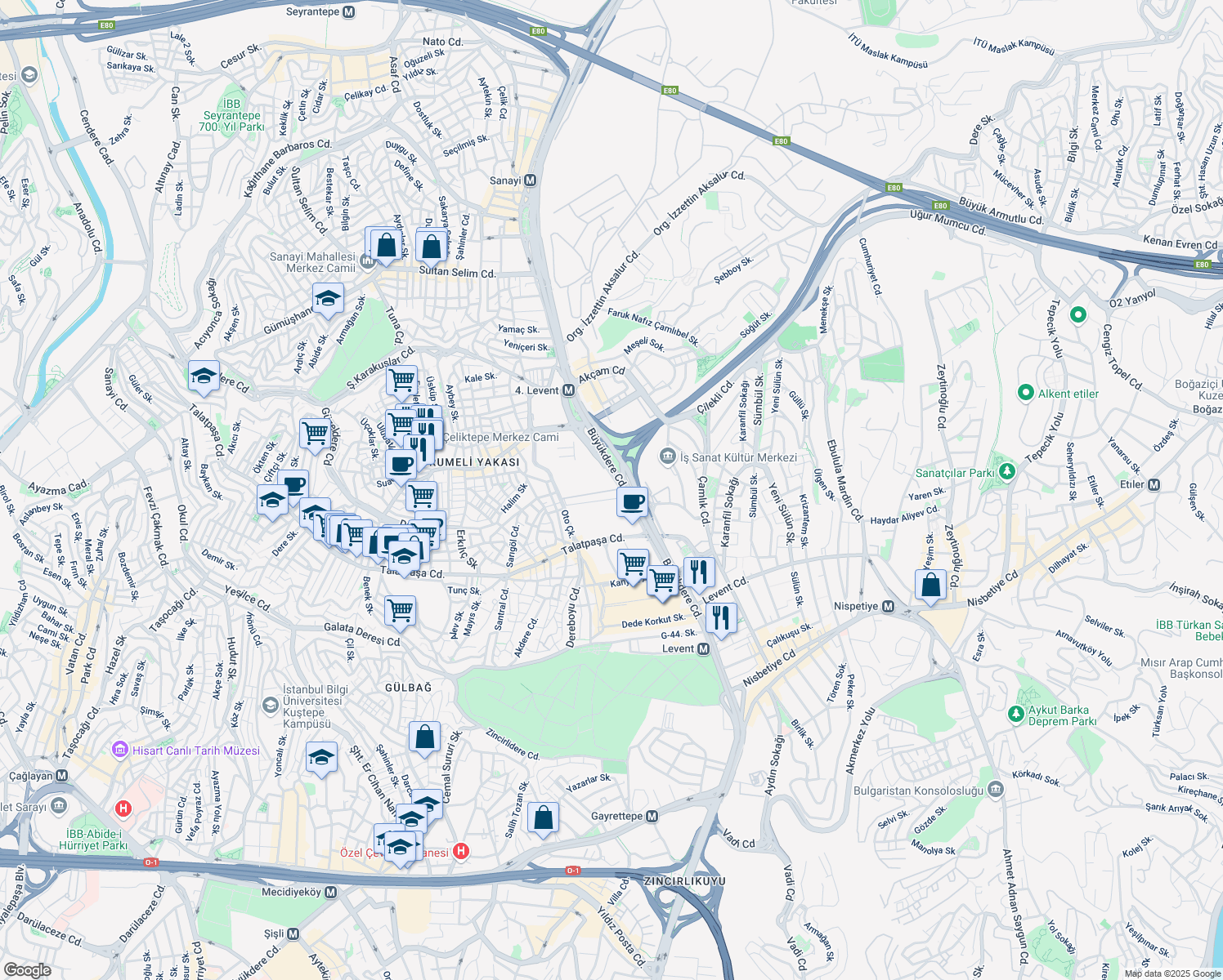 map of restaurants, bars, coffee shops, grocery stores, and more near Tekfen Tower in Şişli